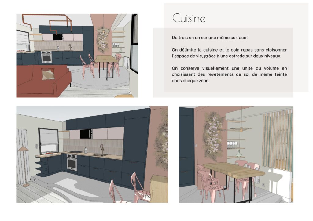plusieurs vues 3D d'une cuisine et d'un séjour couleurs contrastées