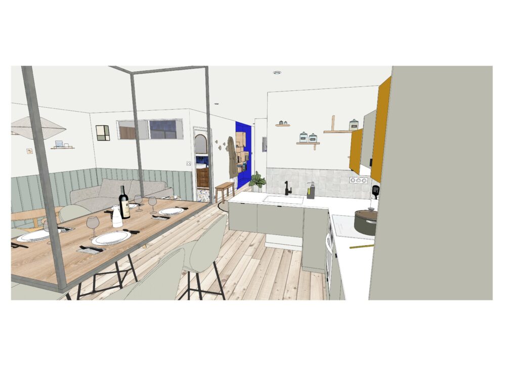 projection 3D de la cuisine vue depuis le balcon, meubles suspendus et coin repas