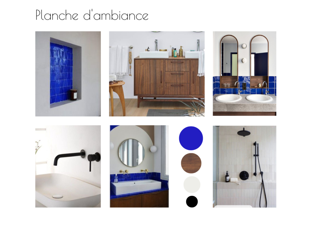 planche d'ambiance salle de bain bleu majorette bois de noyer Terrazzo