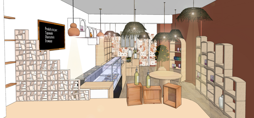 projection 3D d'une boutique à la décoration méditerranéenne terracotta suspension naturelle briques ajourées