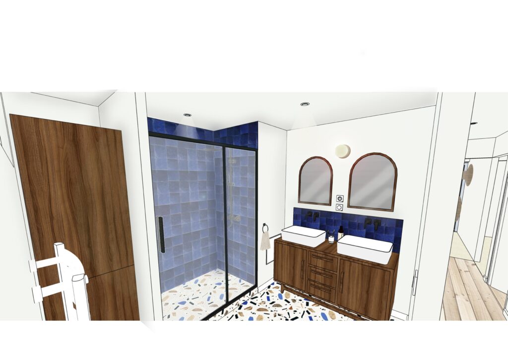 vue 3D de la salle de bain avec robinetterie noire bois de noyer