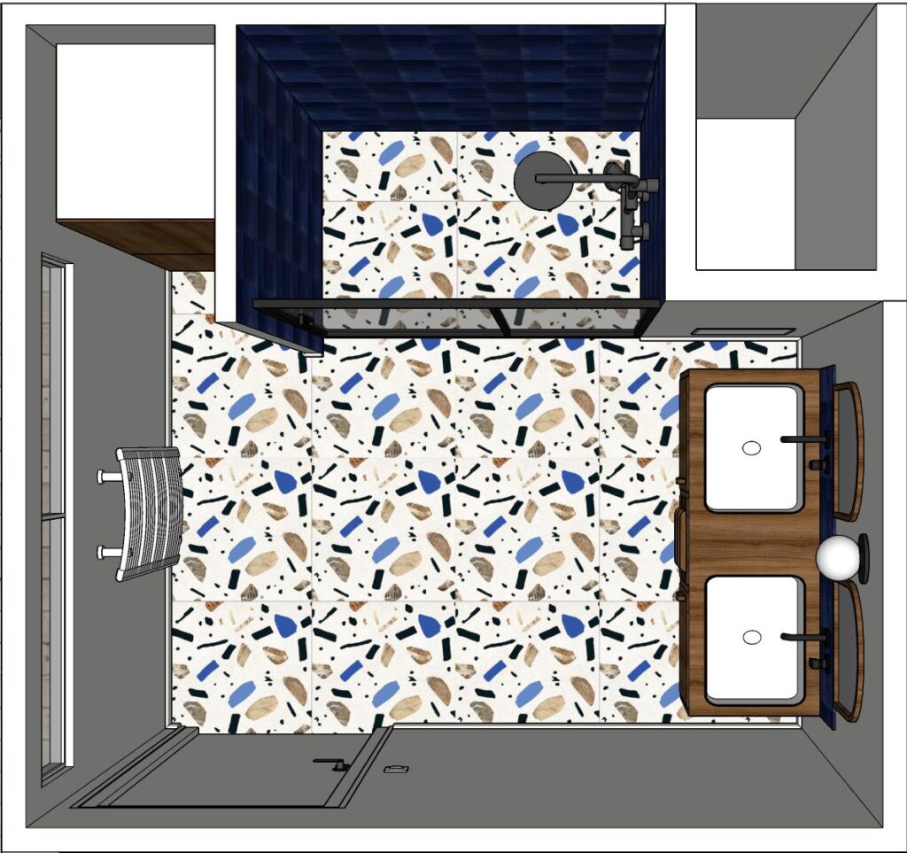 vue 3D du dessus de la salle de bain bleu majorette et carrelage imitation Terrazzo