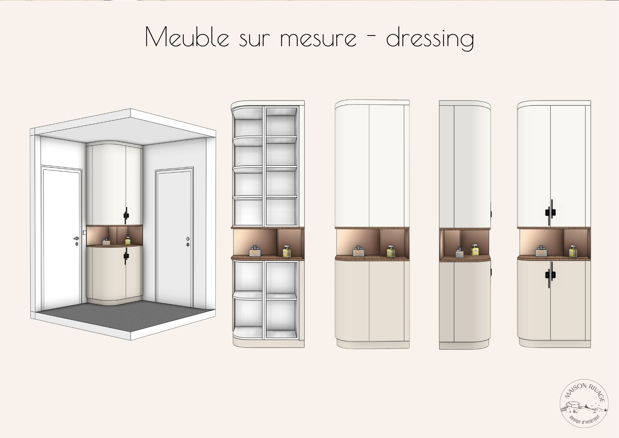 plan de coupe d'une meuble sur mesure dressing aux formes courbes