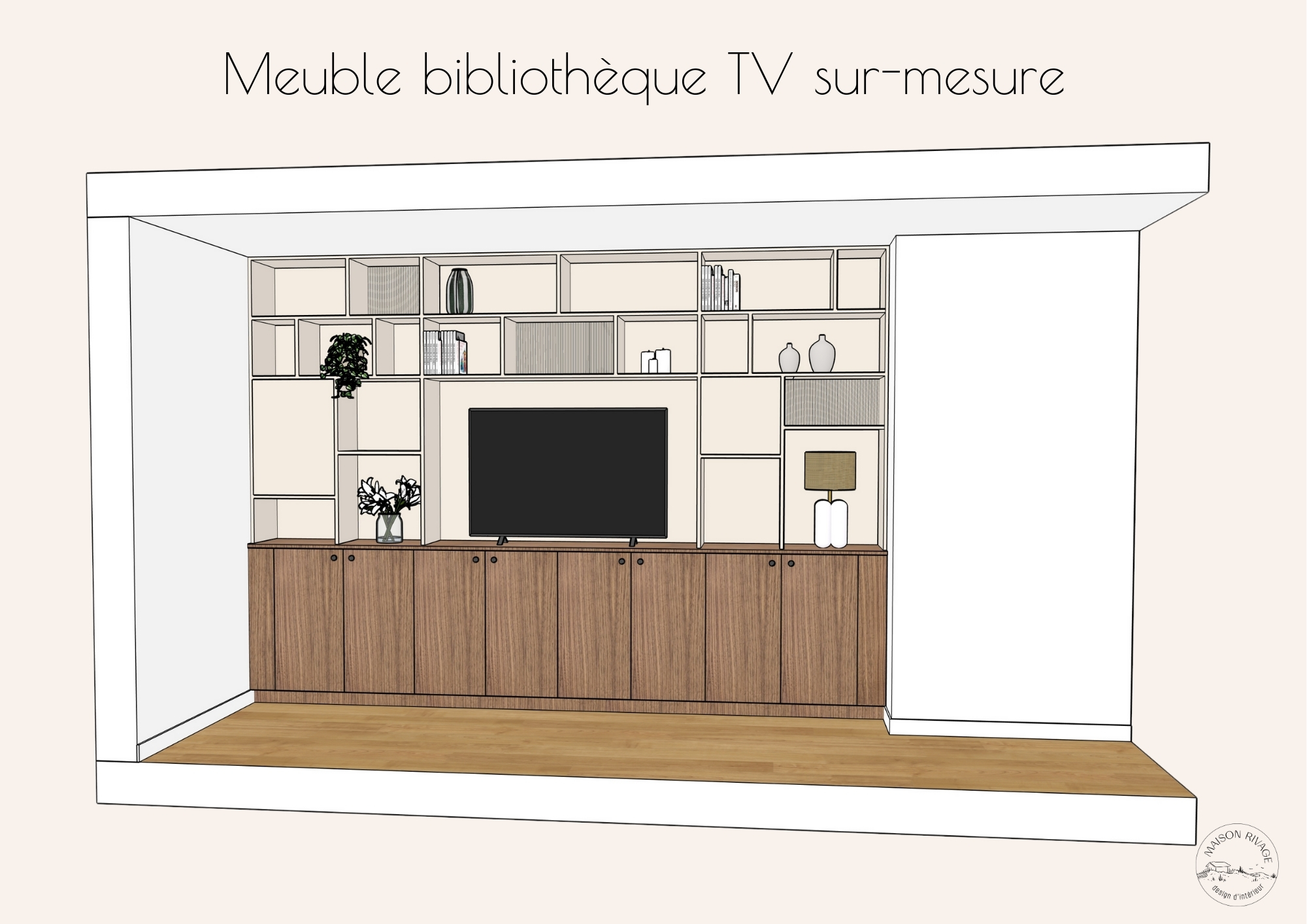 projection 3d d'un meuble bibliothèque tv sur mesure