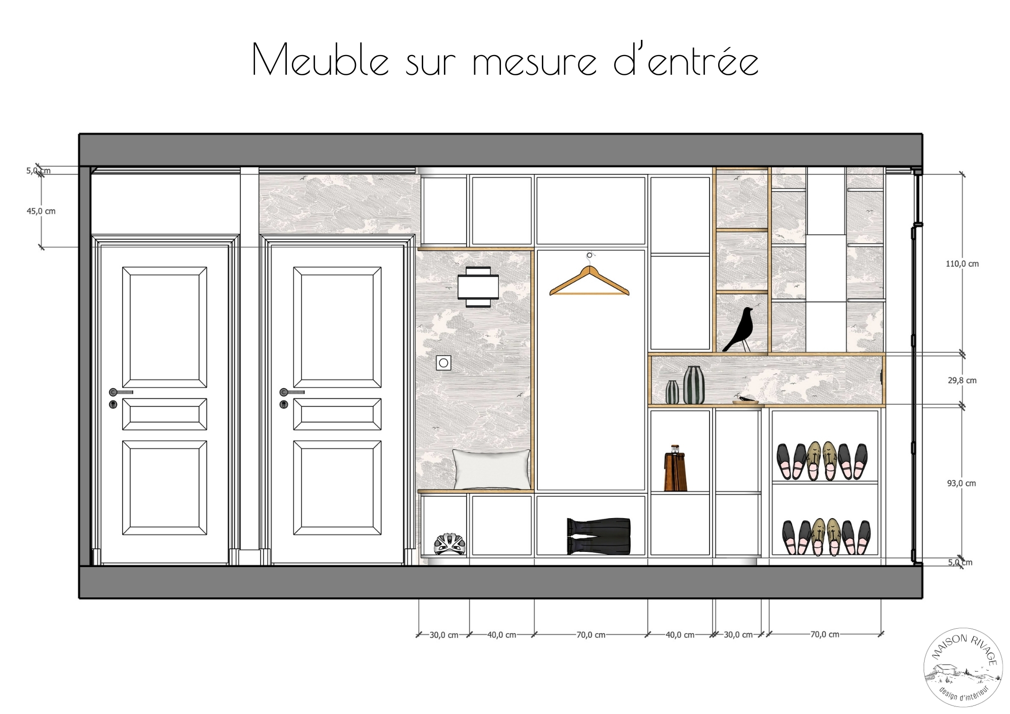 plan de coupe d'un meuble d'entrée sur-mesure avec niche