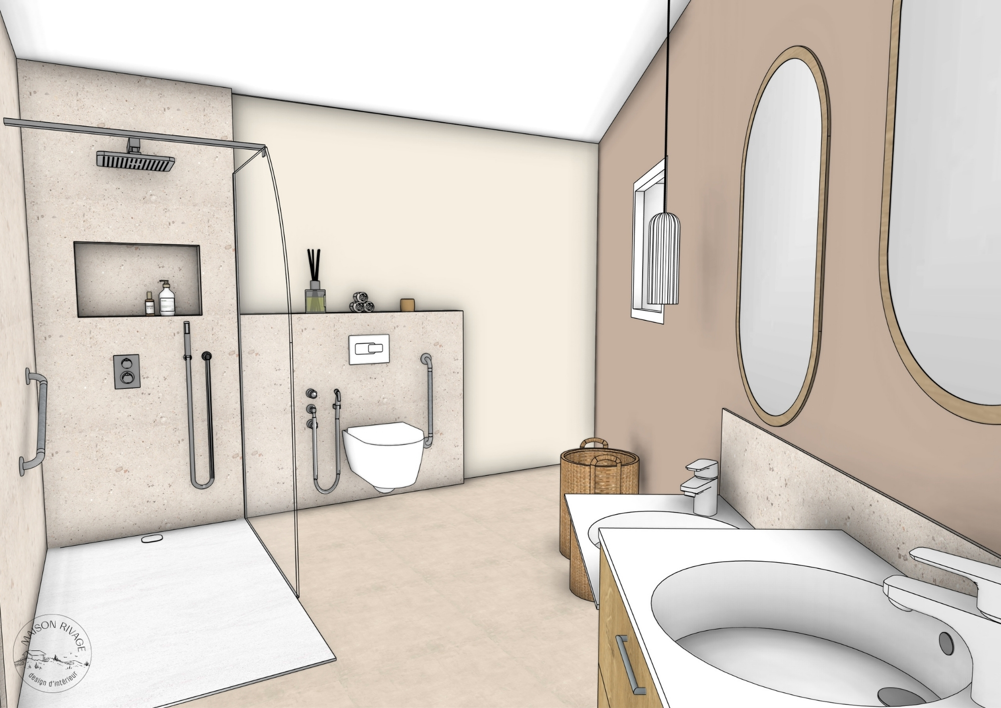 visuel 3D d'une salle de bain PMR avec douche et double vasque