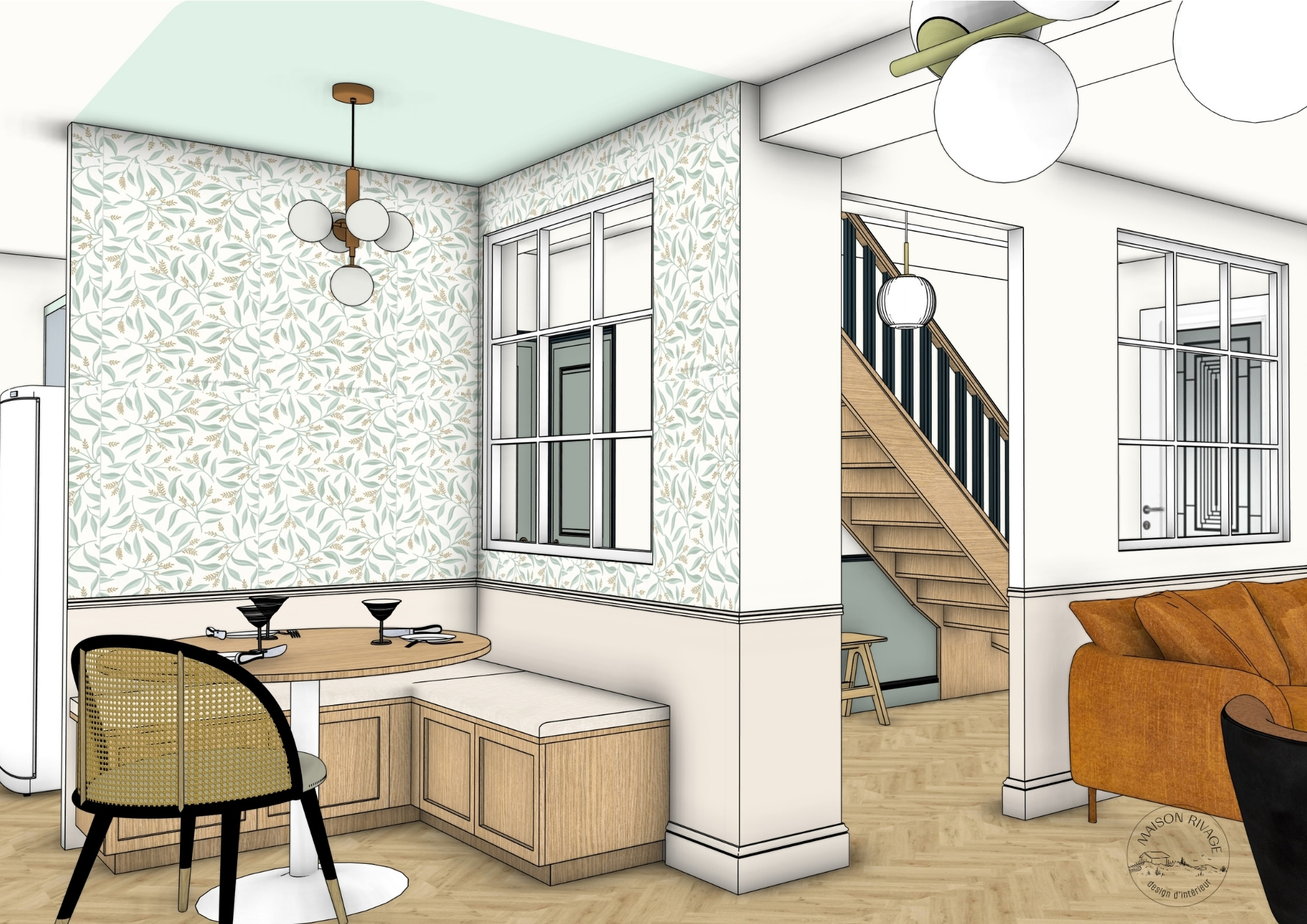 projection 3d d'un coi repas avec espace banquet et verrière blanche esprit art déco